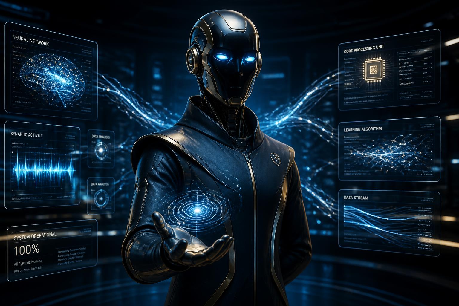 3D AI robot assistant operating holographic panels inside a futuristic command centre